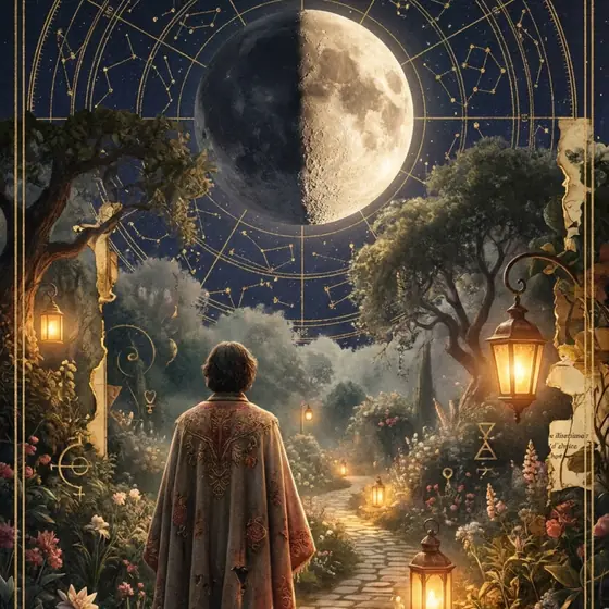 A lantern-lit garden beneath a full moon