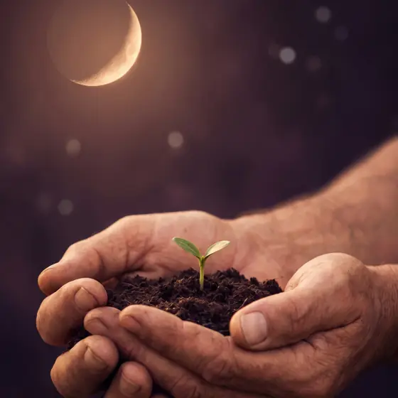 Cupped hands holding a young seedling