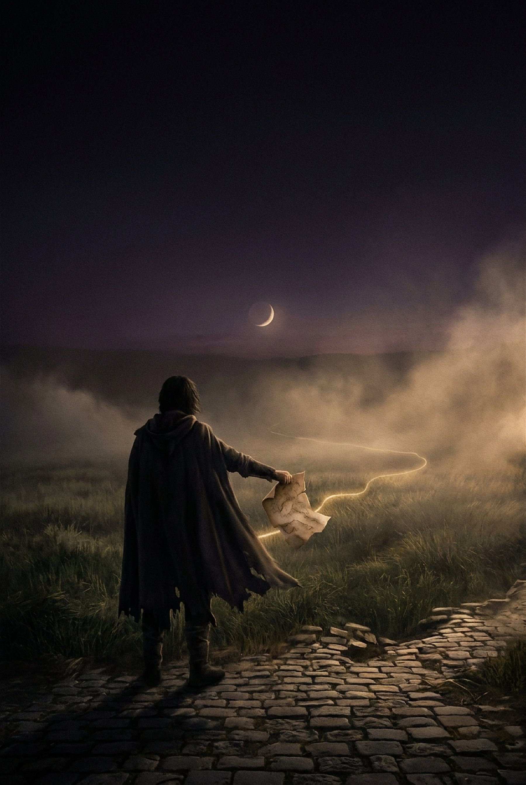 A cloaked wanderer on a moonlit path beneath a crescent moon